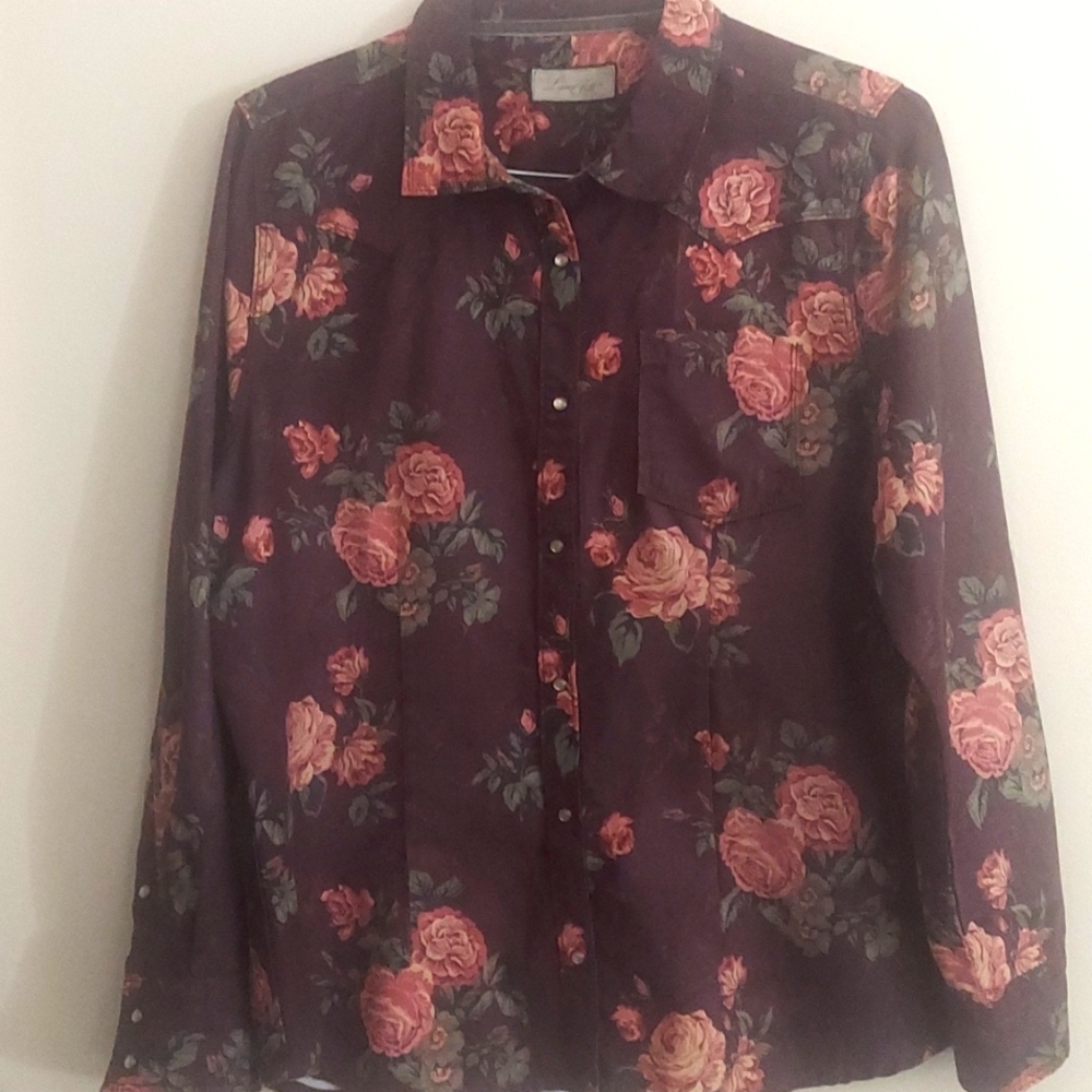 Legacy Falls Western floral plum pearl button blouse Sz XL